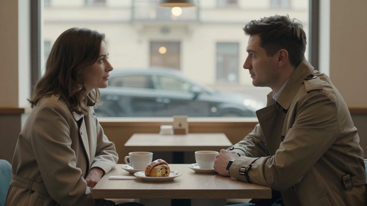 A man and woman having a quiet, sincere conversation in a St. Petersburg cafe.