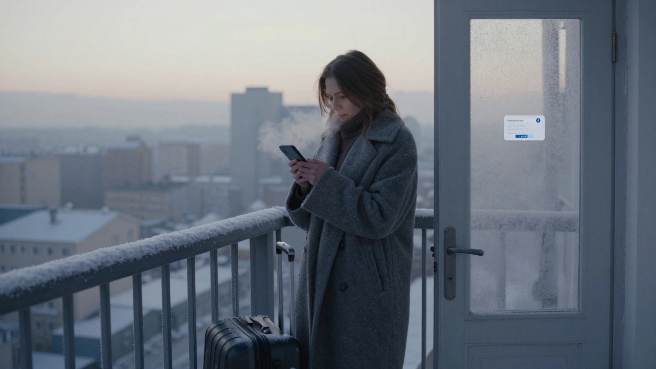 A woman on a frosty balcony at dawn, holding a phone with a payment notification.