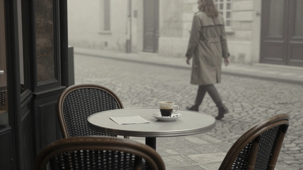 An empty café table in Montpellier holds a single note and espresso cup, as a woman walks away into morning mist.