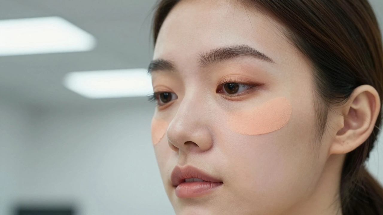 Close-up of a professional face with subtle makeup under fluorescent lighting, clean eyes and natural skin.