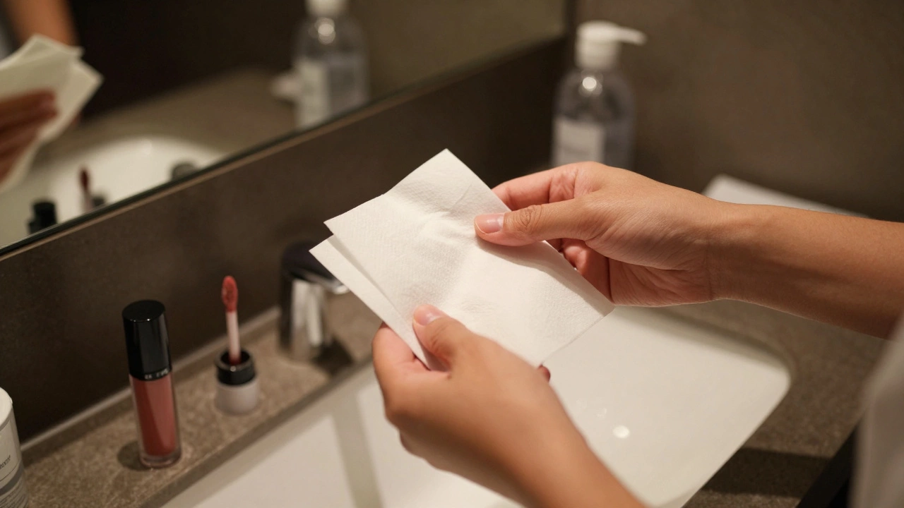 Hands holding blotting papers, setting spray, and lip stain on a counter, symbolizing quick touch-ups.