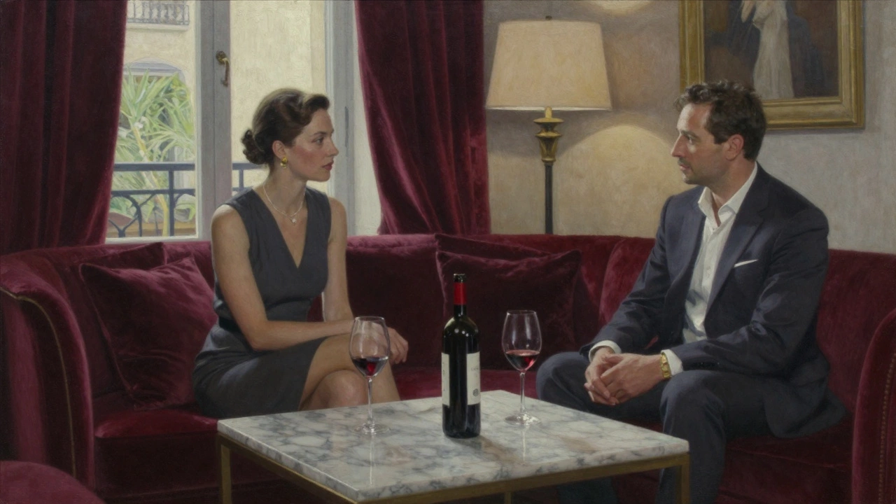 Two people share a quiet moment in a luxurious private lounge, drinking wine and talking without phones or distractions.